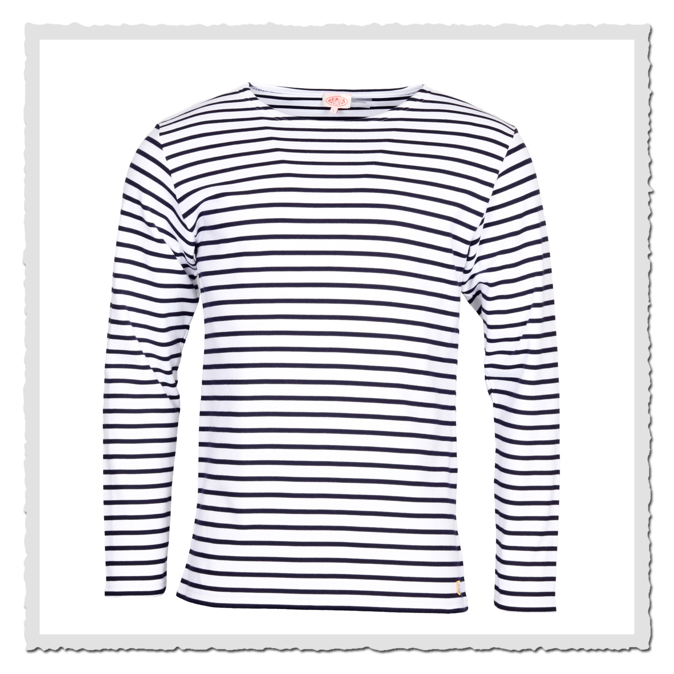 Armor Lux Matrosen-Shirt weiss navire, fein gestreiftes Langarmshirt im klassischen Marinelook vor neutralem Hintergrund.